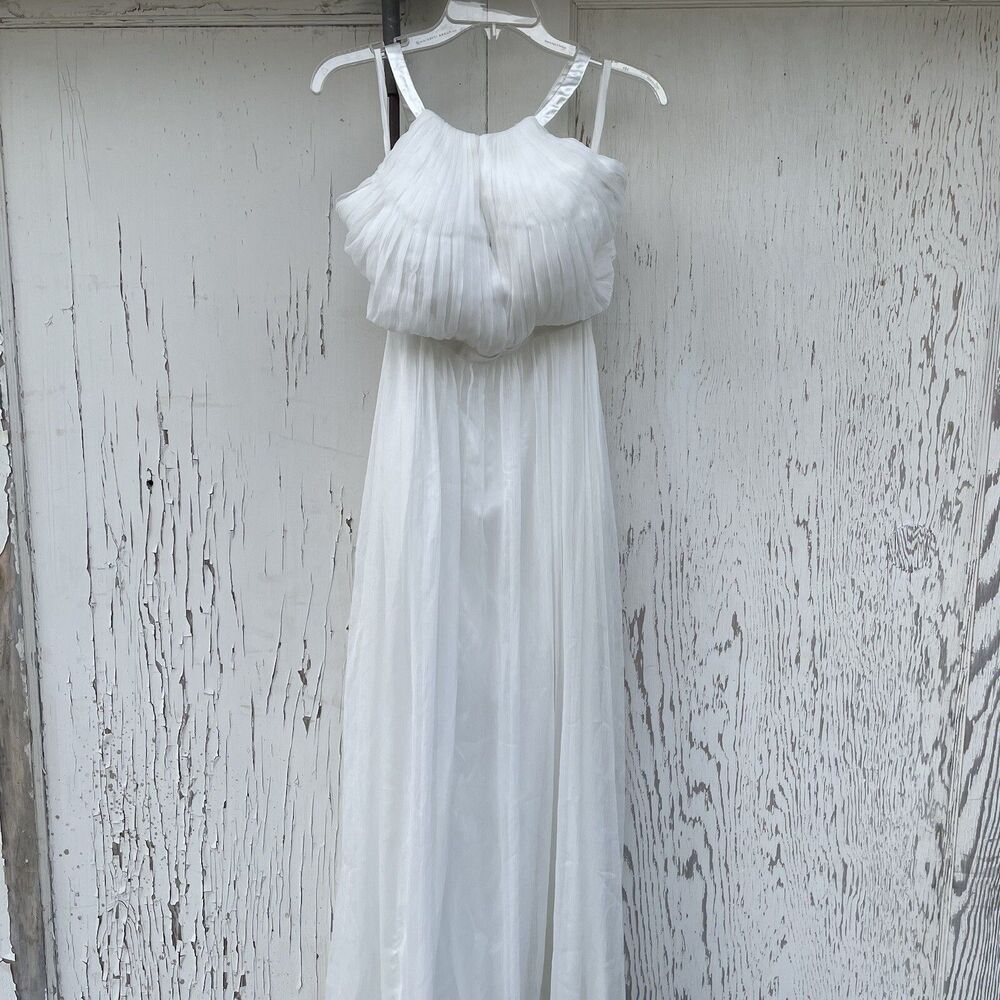 Long Evening Formal Halter Dress Women’s 2 Pure White Chiffon Satin Prom Wedding